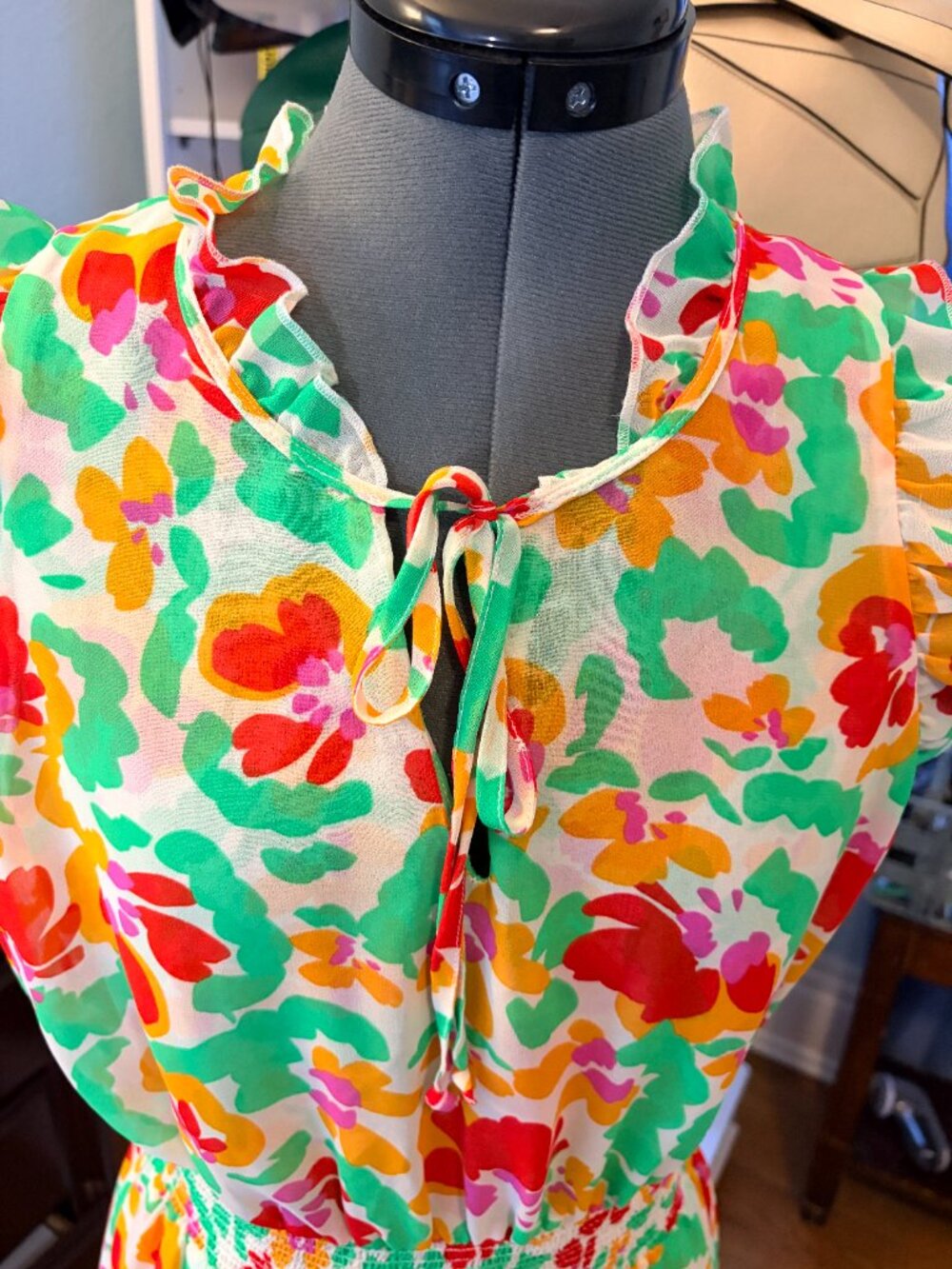 Cabi Floral Smocked Waist Dress Cottagecore Holiday Ruffle Midi Summer Resort - Picture 3 of 11